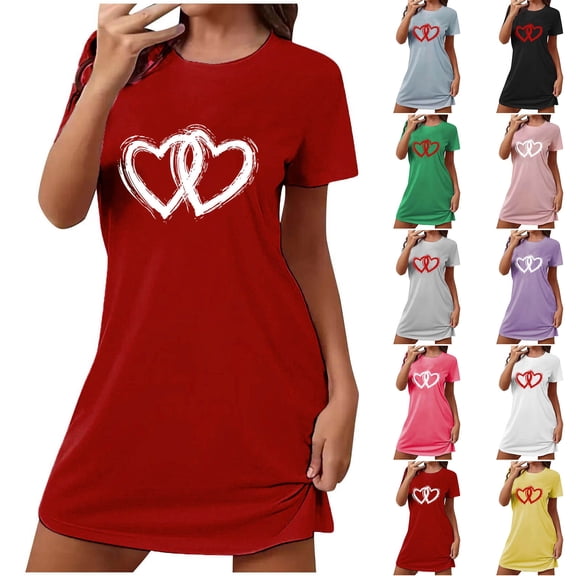 Sakmal Valentines Moomoo Womens Nightgowns Plus Size Short Sleeve Love Pajama Dress Heart Print Knee Length Nightgowns for Women L
