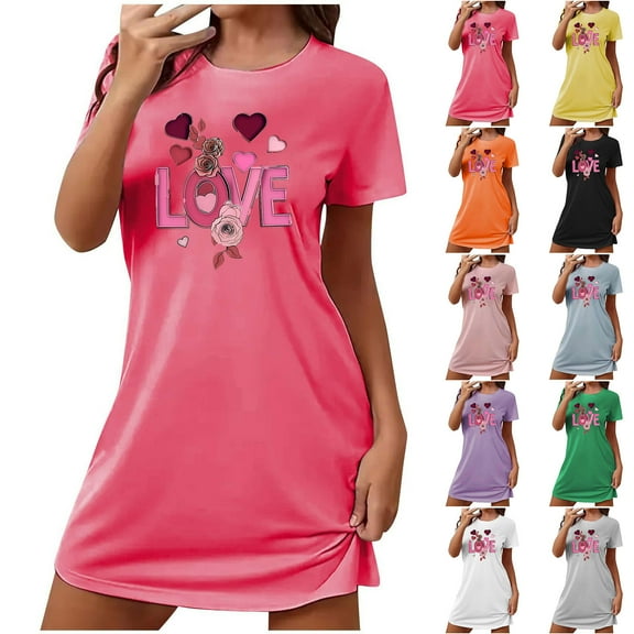 Sakmal Valentines Moomoo Womens Nightgowns Short Sleeve Plus Size Love Sleep Dress Short Heart Print Nightgowns for Women L
