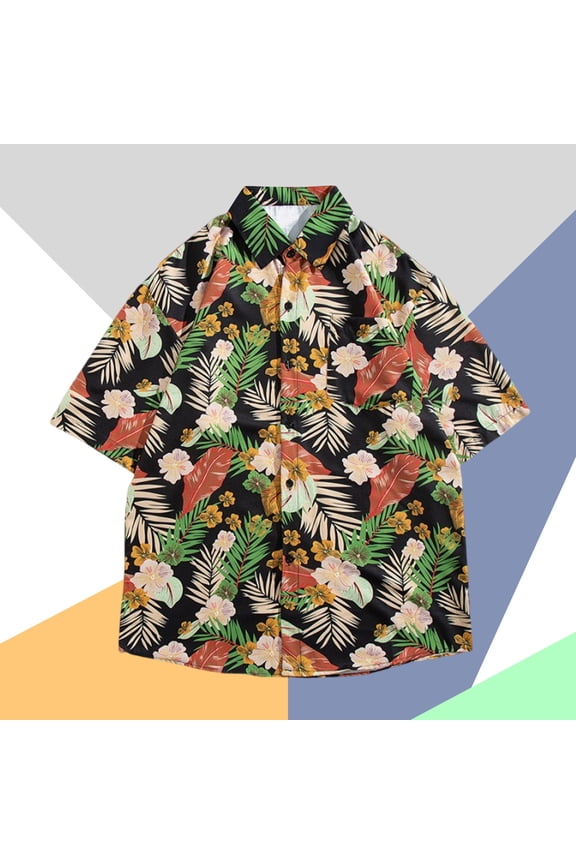 Vintage Button Down Hawaiian Shirts Men Casual Short Sleeve Tshirts Floral Black Tropical Mens Shirts L