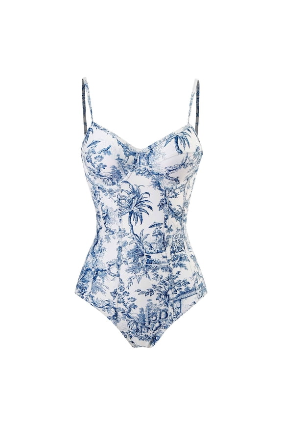 Vintage Swimsuit for Women Tummy Control Blue One Piece Swimsuit Floral Swimwear