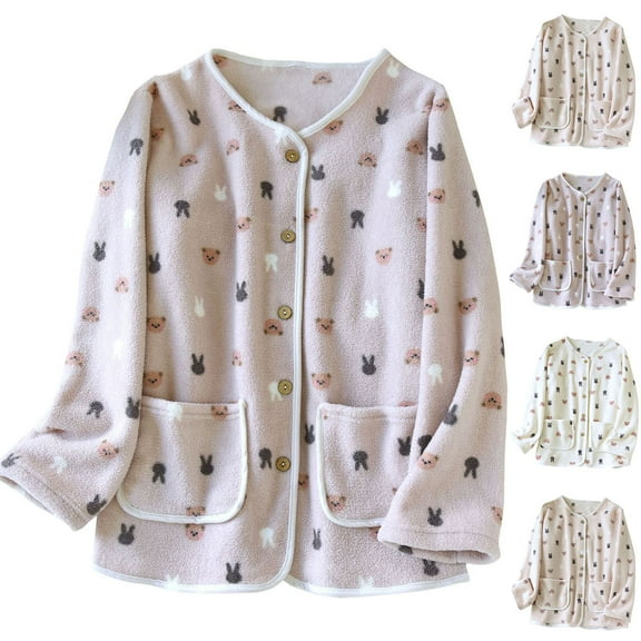 Sakmal Warm Pajama Tops for Women Flannel Button Up Long Sleeve Fleece Shirts V-Neck Beige Shirts for Women L