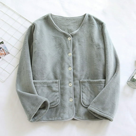 Sakmal Warm Pajama Tops for Women Flannel Long Sleeve Fleece Button Up Shirts Gray Crew Neck Shirts for Women M