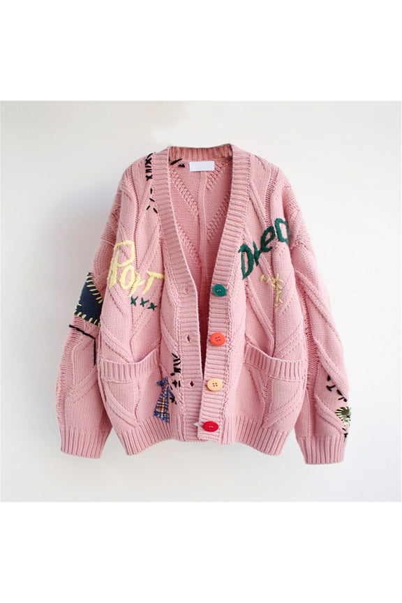 Warm Women Cardigan Sweater Fashion Button Down Cardigan Graphic Long Sleeve Pink Sweater Coat