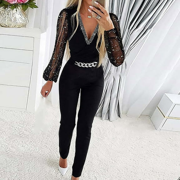 Sakmal Wedding Guest Casual Jumpsuits for Women Straight Leg Party Dressy Mesh Patchwork Overalls Black Long Sleeve V Neck Full Pants for Women
