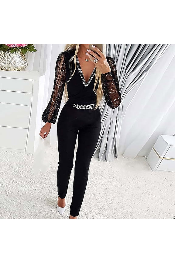 Wedding Guest Casual Jumpsuits for Women Straight Leg Party Dressy Mesh Patchwork Overalls Black Long Sleeve V Neck Full Pants for Women