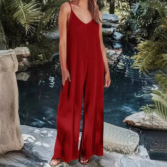 Sakmal Wedding Guest Dressy Jumpsuits for Women Plus Size Wide Leg Solid Overalls Sleeveless Long V Neck Red Pants for Women