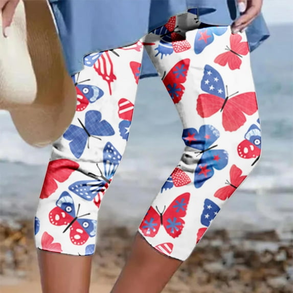 Sakmal White Capris Pants for Women 4Th of July Lightweight Slim Leg Stars Cropped High Waisted Capris