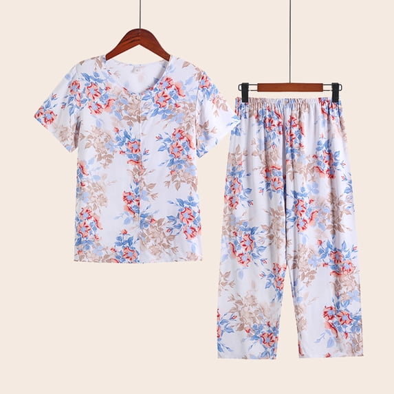 Sakmal White Casual Pajamas Sets for Women 2024 Cropped Short Sleeve Floral Button Down Cotton and Linen Nightwear Tops for Ladies