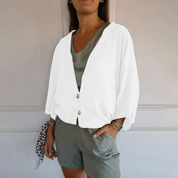 Sakmal White Coats for Women Long Sleeve Sleeve Casual Loose Fit Cotton and Line Solid Cardigan Ladies Jackets