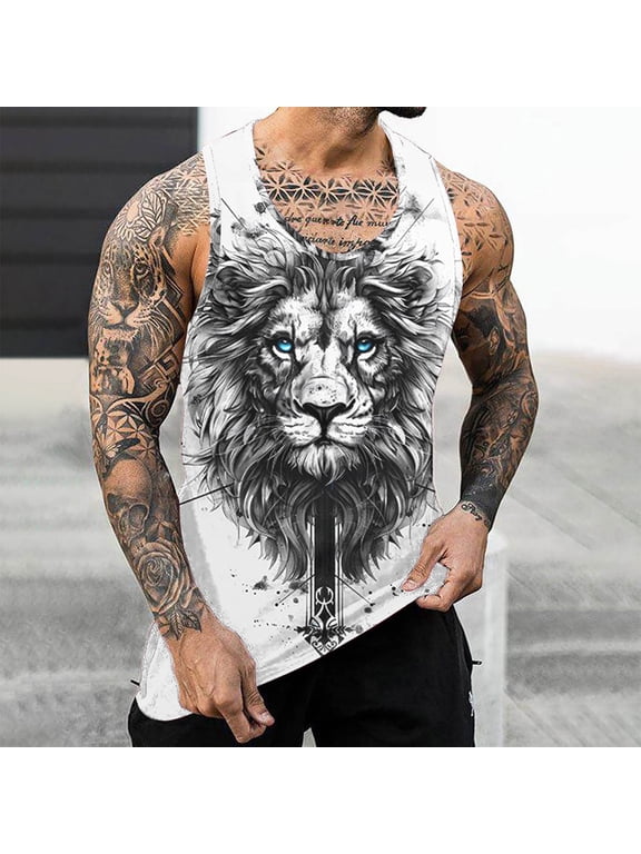 White Men'S Tank Tops White Scoop Neck Graphic Lightweight Stringer Camisole Lion Muscle Mens Sleeveless Tee Shirts