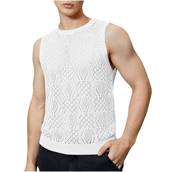 Sakmal White Mens Tank Tops White Crew Neck Ribbed Solid Loose Fit Camisole Cutout Tunic Tops