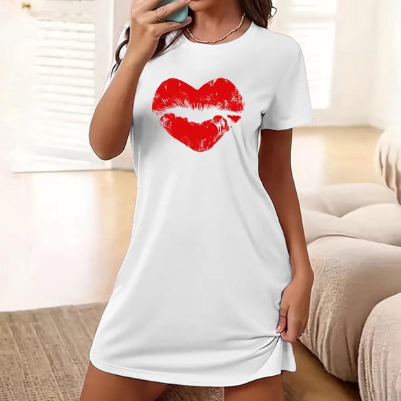Sakmal White Moo Moos for Women Nightgown Cute Short House Dress Heart Print Short Sleeve Nightgowns for Women
