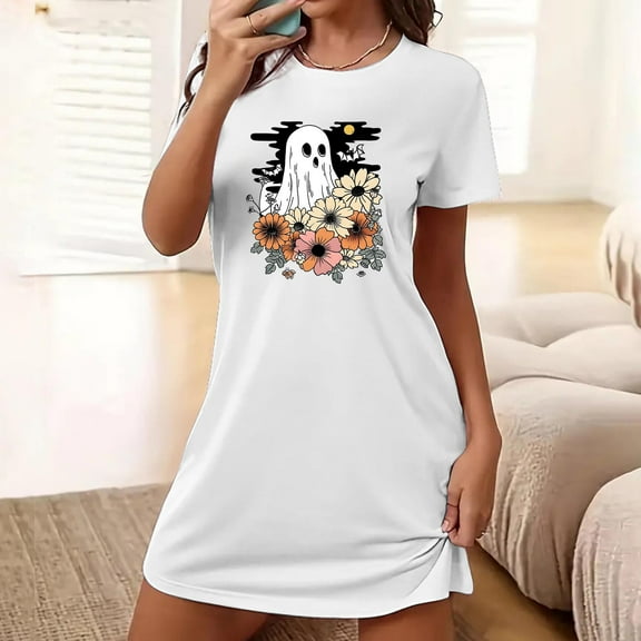 Sakmal White Moomoo Dresses for Women Halloween Oversized Ultra-Soft Comfy Night dress Short Ghost Print Short Sleeve Crew Neck Nightgowns S-2XL