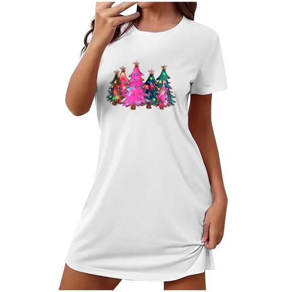 Sakmal White Moomoo Nightgowns Women Playful Christmas Cloud-Like Loose Pajama Sleep Dress Short Christmas Trees Print Short Sleeve Crew Neck Nightgowns S-2XL