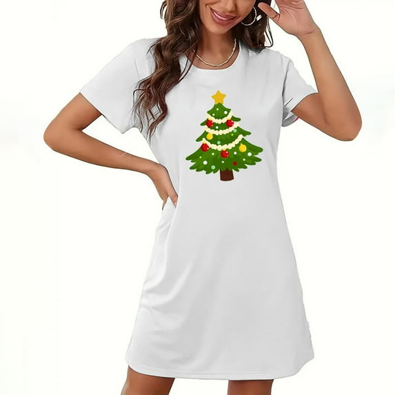 Sakmal White Moomoos for Women Sleep Ultra-Soft Loose Christmas Breathable Pajama Dress Crew Neck Christmas Trees Print Short Short Sleeve Nightgowns S-2XL