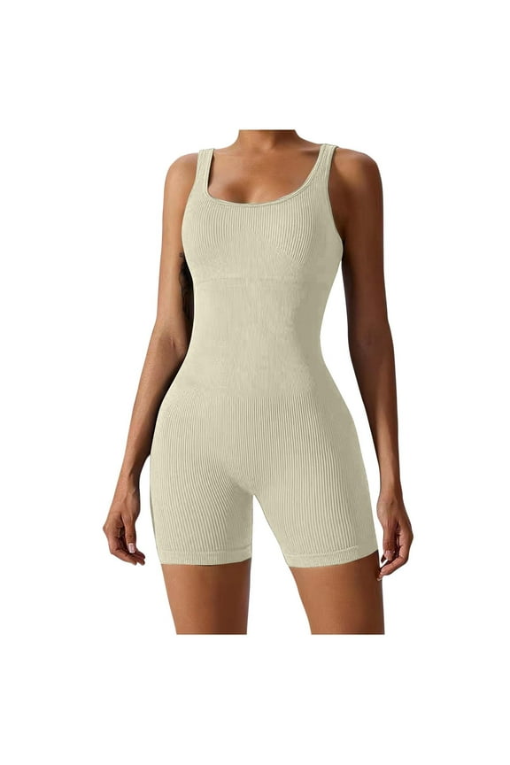 White Rompers for Women Athletic Square Neck Sleeveless Workout Short Jumpsuits Ribbed Rompers