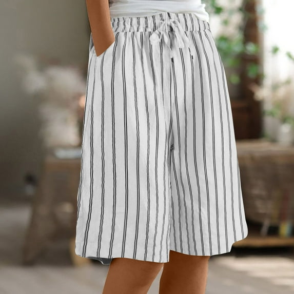 Sakmal White Shorts for Women Trendy Wide Leg Drawstring Bermuda Striped High Waisted Shorts with Pockets