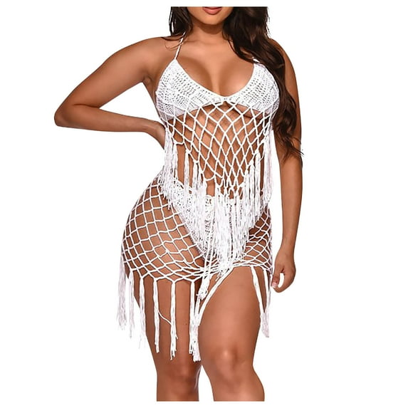 Sakmal White Swimsuit Women Two Piece Sexy Bikini Sets Halter Bathing Suits With Mesh Cover Up Swimsuit Sets
