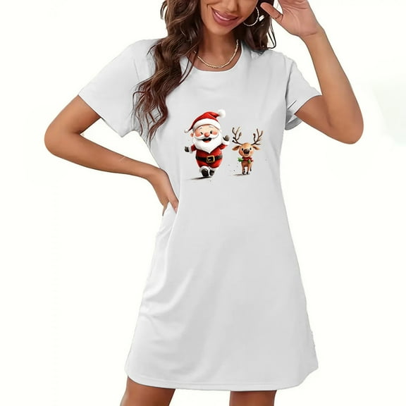 Sakmal White Women Moomoo Nightgowns Cloud-Like Cute Christmas Plus Size Moomoo Dress Short Santa Claus Print Crew Neck Short Sleeve Nightgowns S-2XL