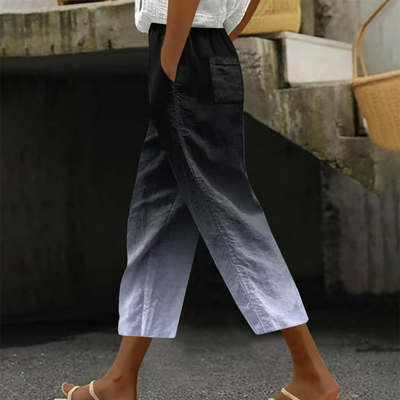 Sakmal White Women's Pants Trendy Taper Vacation 7/8th Drawstring Gradient High Waisted Capris