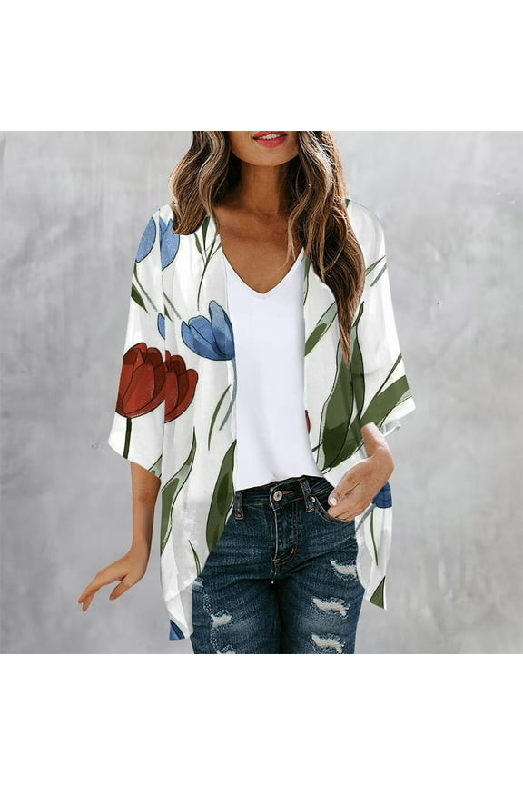 White Womens Coats and Jacket Elbow-Length Cover-Up Lightweight Flowy Beach Loose Fit Graphic Chiffon Jackets for Girls
