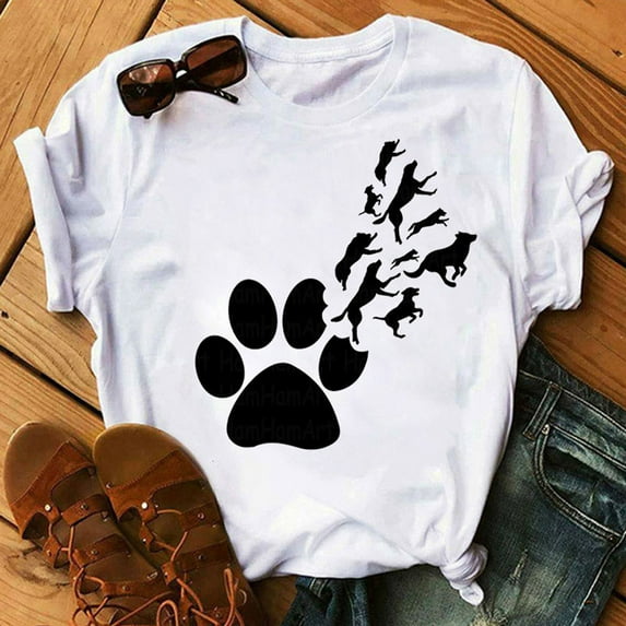 Sakmal White Womens Plus Size Tops Short Sleeve Floral Crew Neck Paw T-Shirts Womens Shirts Under $5