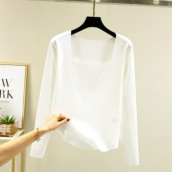 Sakmal White Womens Shirts Fashion Undershirts Solid Long Sleeve Square Neckline Shirts for Women