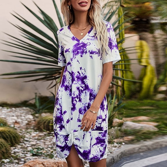 Sakmal White Womens Spring Dresses Shift Long T Shirt Knot Front Dress Tie Dye Dresses for Women