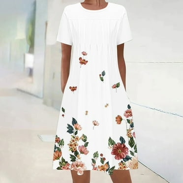 Sakmal White Womens Summer Dresses Crew Neck Mid-Length Floral Short Sleeve Basic Shift Dress