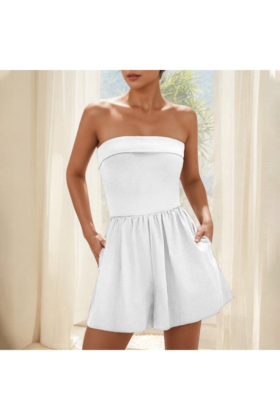 White Womens Summer Rompers Boat Neck Sleeveless Strapless Ruffle Short Jumpsuits Solid Rompers with Pockets