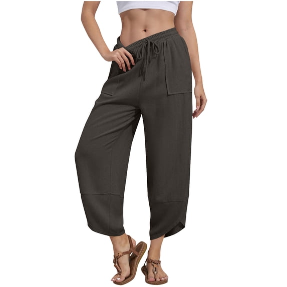 Sakmal Wide Leg Capri Palazzo Pants for Women Elastic Waist Boho Pants Trendy Beach Vacation Solid Capris for Women 2XL