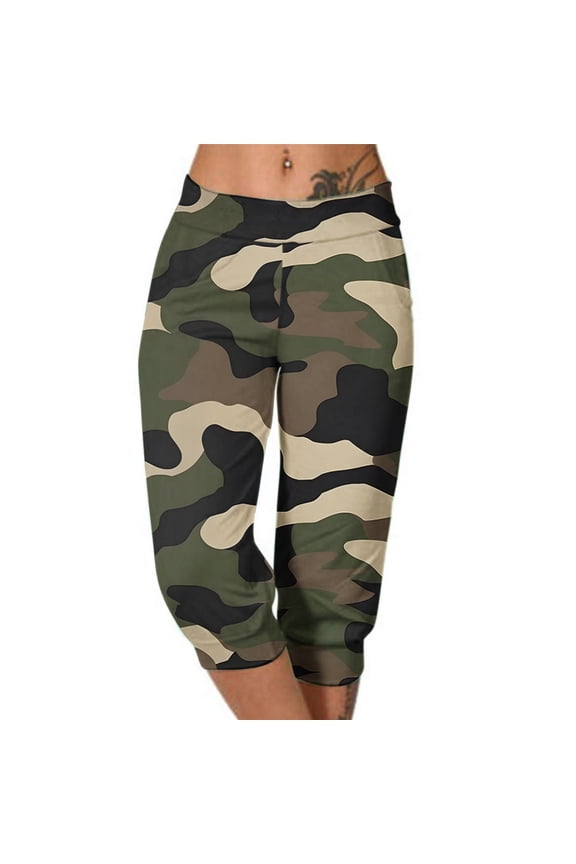 Wide Leg Capri Pants Women Elastic Waist Plus Size Pants Camo Beach Vacation Fashion Women's Capris L