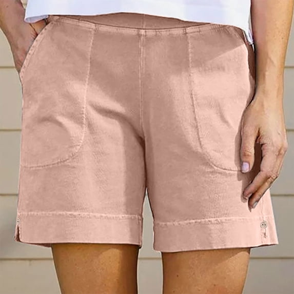 Sakmal Wide Leg Cotton Linen Khaki Shorts for Women Cargo High Waisted Casual Solid Pink Shorts for Women with Pockets