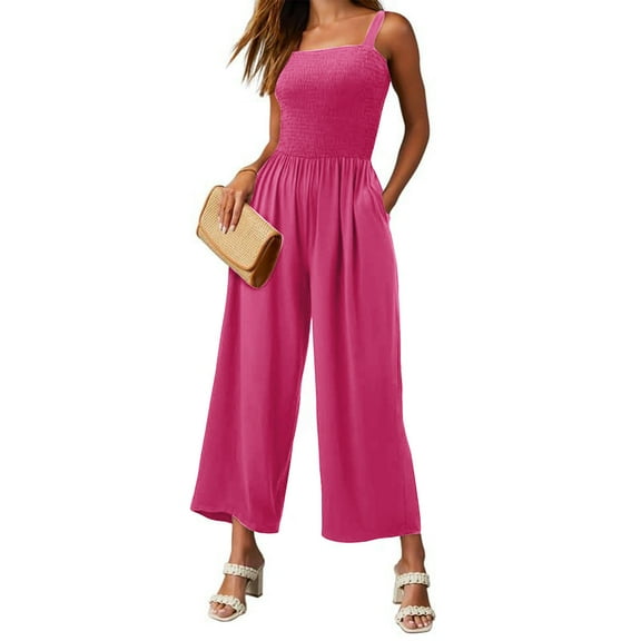 Sakmal Wide Leg Dressy Jumpsuits for Women Pleated Solid Spaghetti Straps Overalls Square Neck Full Pink Sleeveless Pants for Women