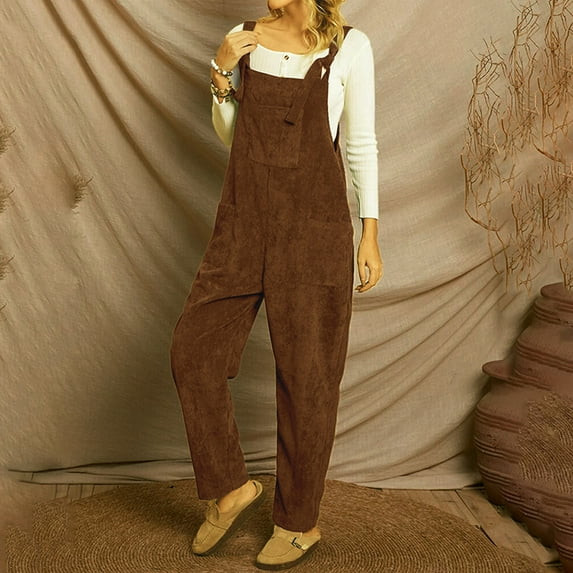 Sakmal Wide Leg Jumpsuits for Women Cotton Solid Winter Overalls Sleeveless Brown Full Square Neck Pants with Pockets