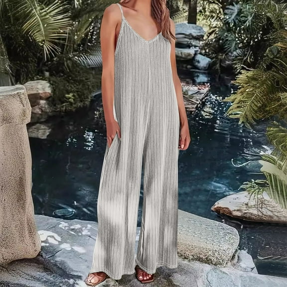 Sakmal Wide Leg Jumpsuits for Women Dressy Plus Size Solid Wedding Guest Overalls Long Sleeveless Gray V Neck Pants for Women