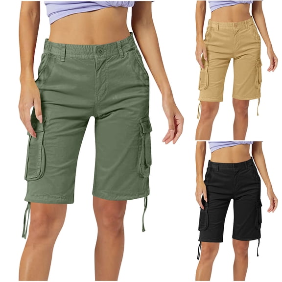 Sakmal Wide Leg Khaki Shorts for Women High Waisted Knee Length Cargo Green Trendy Solid Ladies Shorts with Pockets