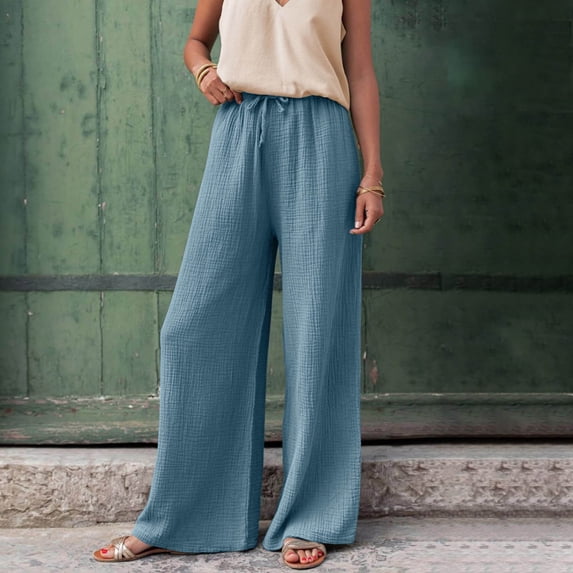 Sakmal Wide Leg Pants Women Cotton Linen Drawstring Palazzo Casual Solid Blue Full Length High Waisted Pants with Pockets
