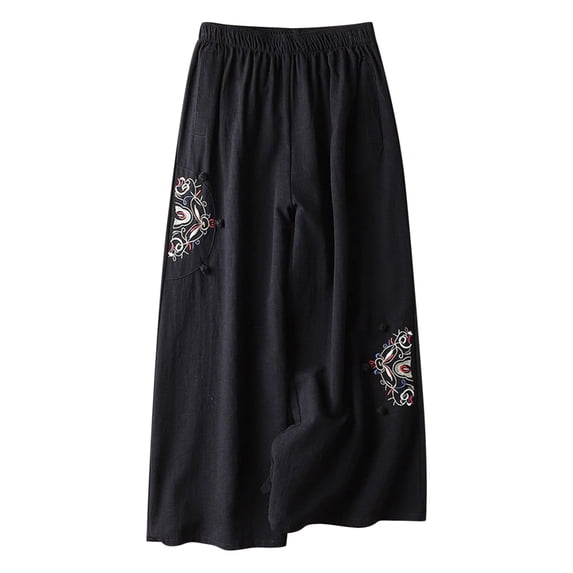 Sakmal Wide Leg Pants Women Cotton Linen Summer Comfy Palazzo High Waisted Embroidered Full Length Black Pants