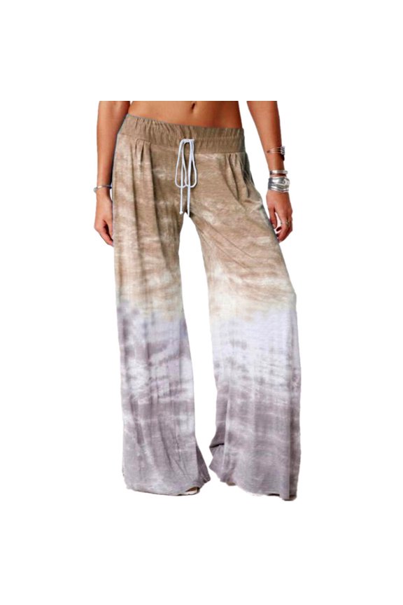Wide Leg Pants for Women Drawstring Boho Palazzo Flowy Full Length Low Rise Yellow Gradient Pants with Pockets