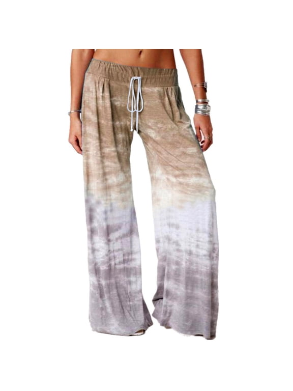 Wide Leg Pants for Women Drawstring Boho Palazzo Flowy Full Length Low Rise Yellow Gradient Pants with Pockets