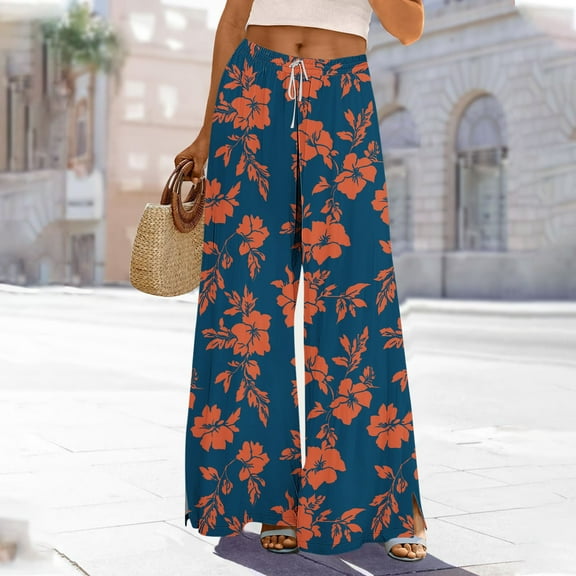 Sakmal Wide Leg Pants for Women Flowy Summer Work Palazzo Full Length Floral Blue High Waisted Pants with Pockets