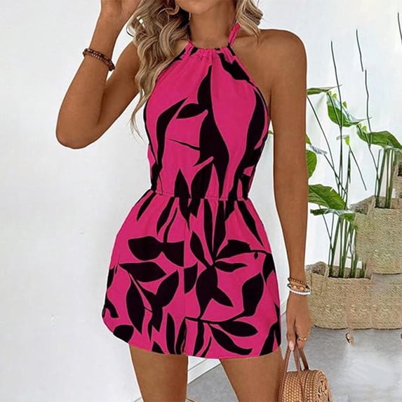 Sakmal Shorts Women Pink Sleeveless Wide Leg Floral Print Rompers Trendy Shorts with Pockets