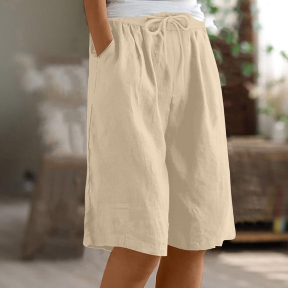 Sakmal Wide Leg Shorts for Women Bermuda Yellow Cotton Linen High Waisted Solid Shorts with Pockets