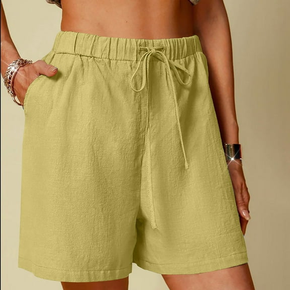 Sakmal Shorts for Women Wide Leg Yellow High Waisted Linen Beach Vacation Comfy Shorts with Pockets