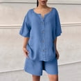 thumbnail image 1 of Sakmal Wide Leg Women Cotton Linen Shorts Sets 2 Piece Outfits Blue Solid Trendy Ladies Shorts with Pockets, 1 of 9