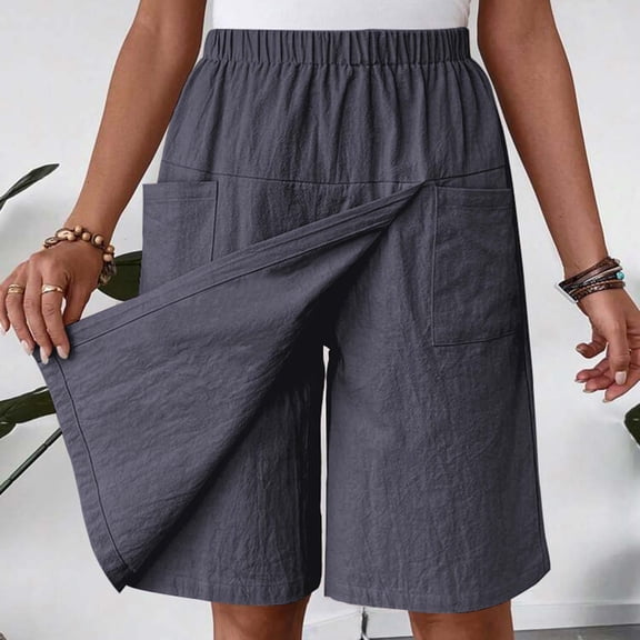 Sakmal Wide Leg Women Shorts Plus Size Bermuda Beach Vacation Gray Solid Womens Shorts with Pockets