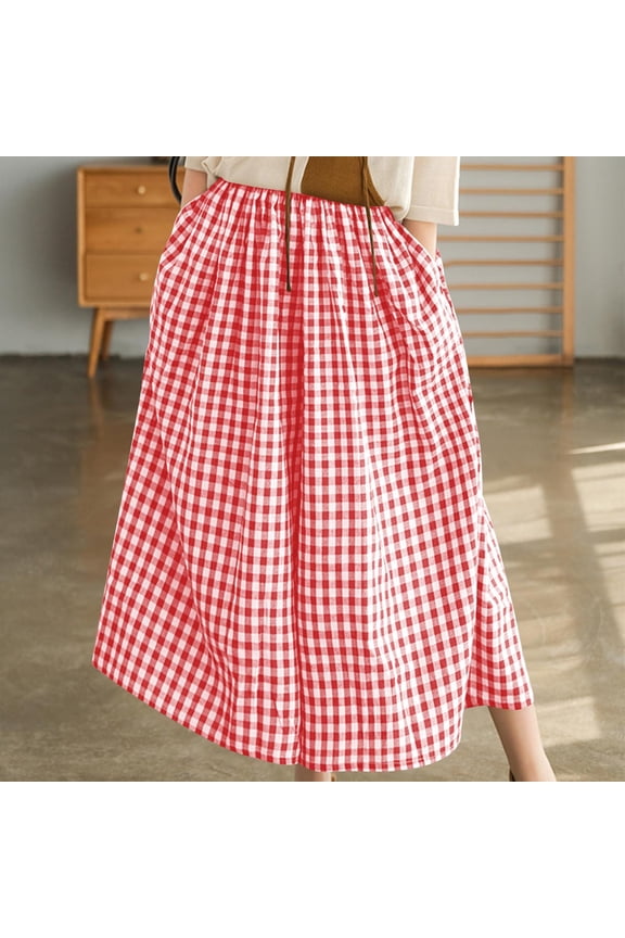Wide Leg Women's Pants High Waisted Flowy Work Culottes Plaid Red Pants with Pockets