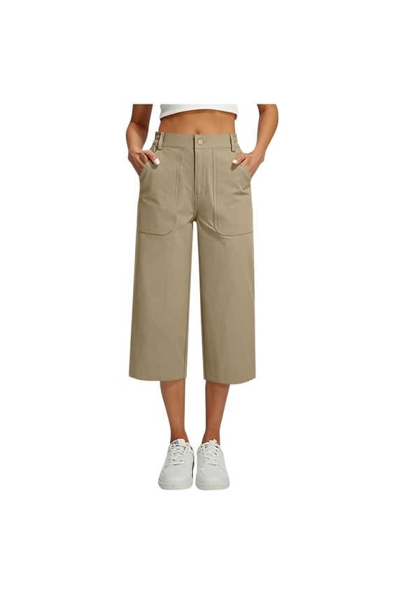 Wide Leg Womens Capri Khaki Pants Dress High Waisted Chino Pants Fashion Solid Summer Capris for Women M