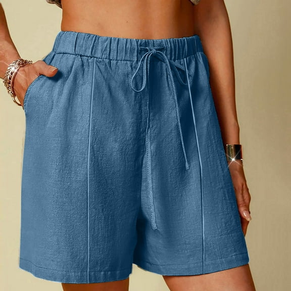 Sakmal Wide Leg Womens Cotton Linen Shorts High Waisted Plus Szie Blue Solid Casual Ladies Shorts with Pockets